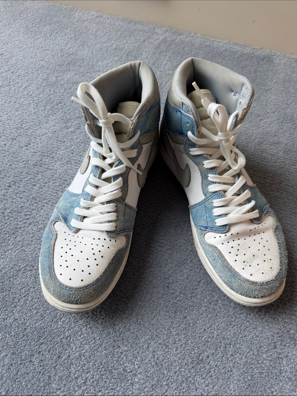 Jordan High-Top Sneaker in White, Gray & Teal Suede